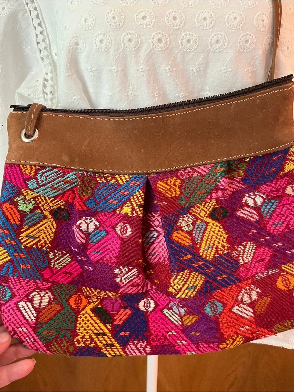 Guatemalan Mayan Artisan Embroidered Woven & Brown Suede Crossbody Bag Boho